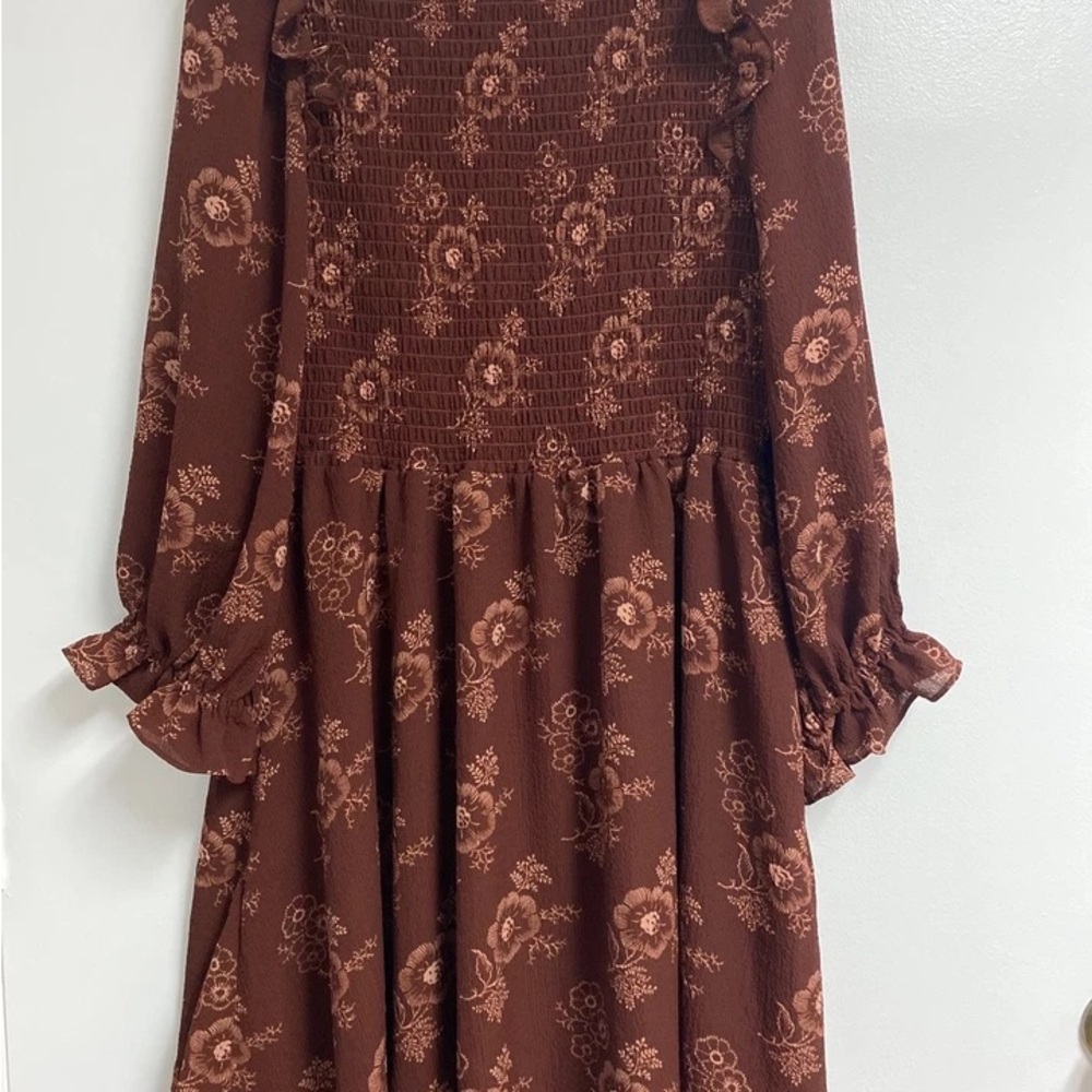Madewell Brown V-Neck Sundress with 3/4 Bishop Sleeves🐻‍❄️🐻‍❄️ - Picture 4 of 5